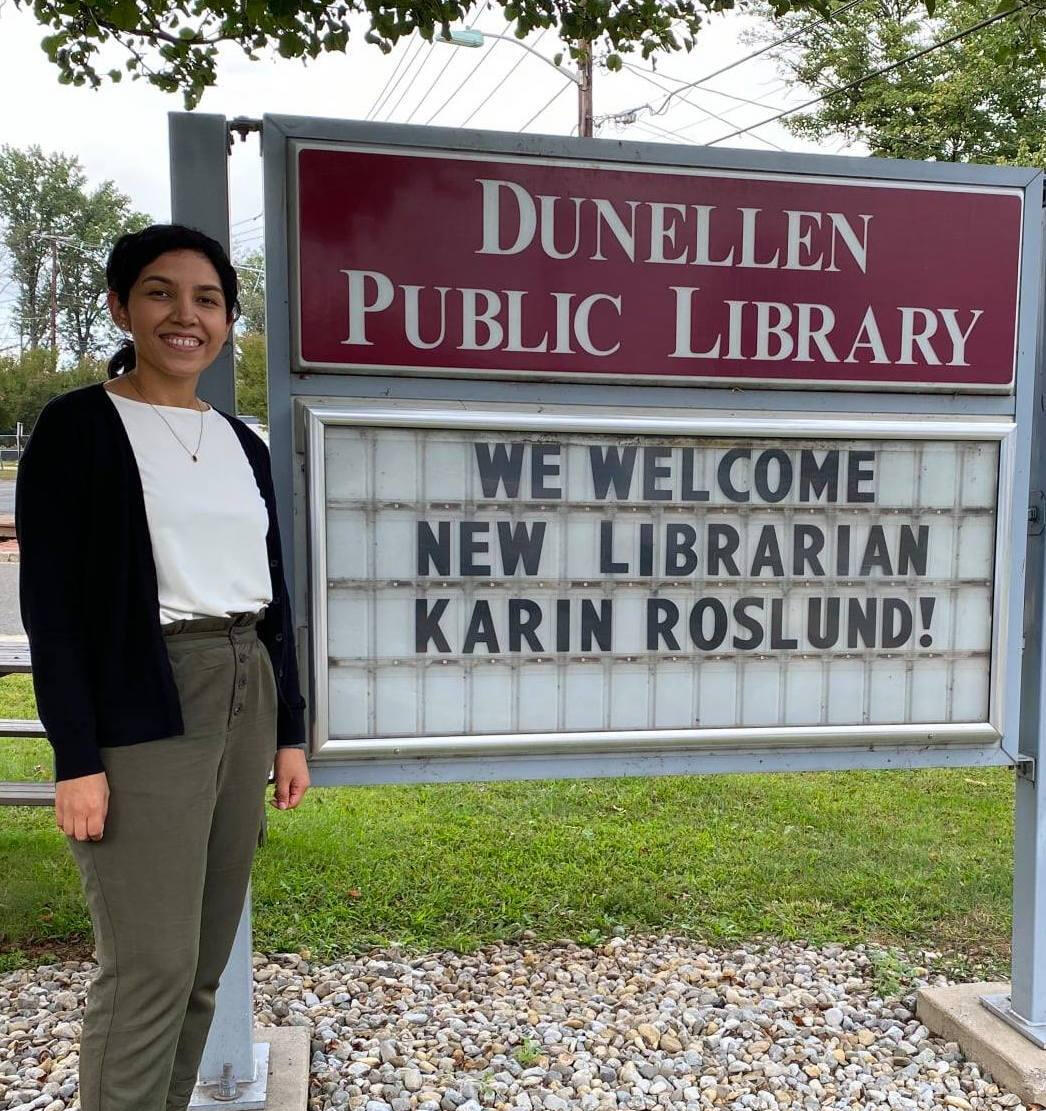 Dunellen Public Library lawn sign welcoming Karin Roslund.